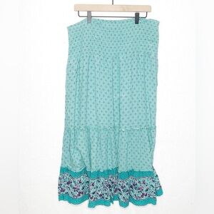 Aerie Tiered Teal Floral Bohemian Maxi Skirt Elastic Ruched Waistband Size XL